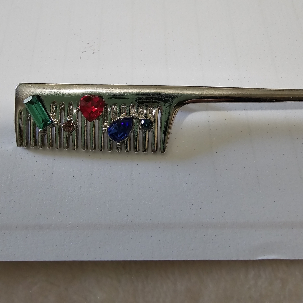 Jeweled Silver-tone Decorative Comb - Red, Green, Blue Accents Brooche - Picture 5 of 5
